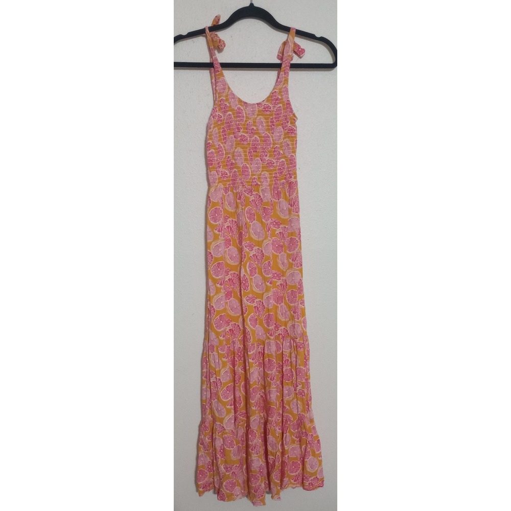 Bailey Blue Citrus Grapefruit Print Smocked Maxi Dress Tie Shoulder Tropical M